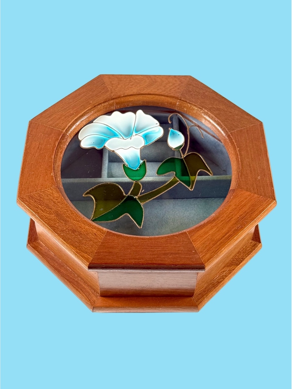 Vintage Gunther Mele Stained Glass Morning Glory Wood Jewelry Box Vanity Decor